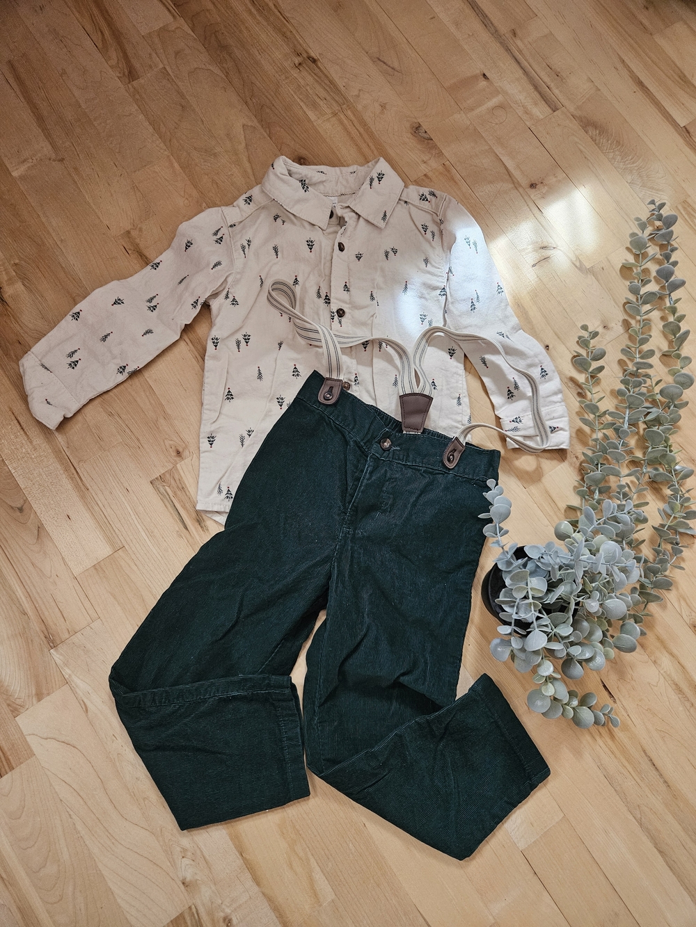 Carter's Cream Printed Top with Dark Green Corduroy Pants and Striped Suspenders